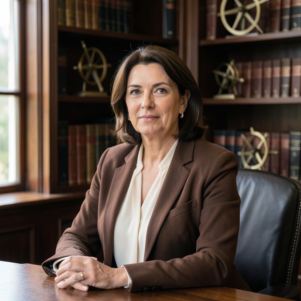 Portrait de Camille Rivard, consultante en droit du travail, dans un cabinet au décor de bois et laiton