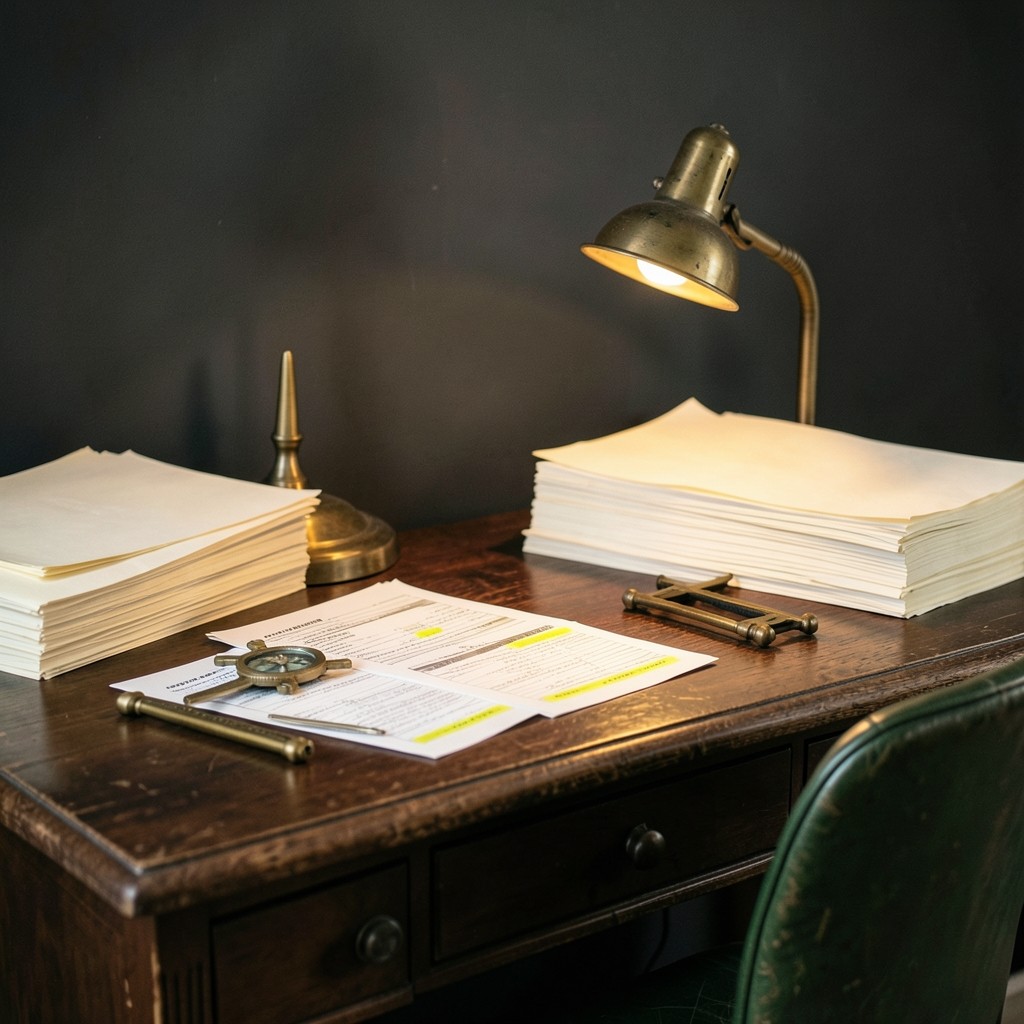 Bureau de consultation avec documents de contrat de travail et instruments de mesure en laiton