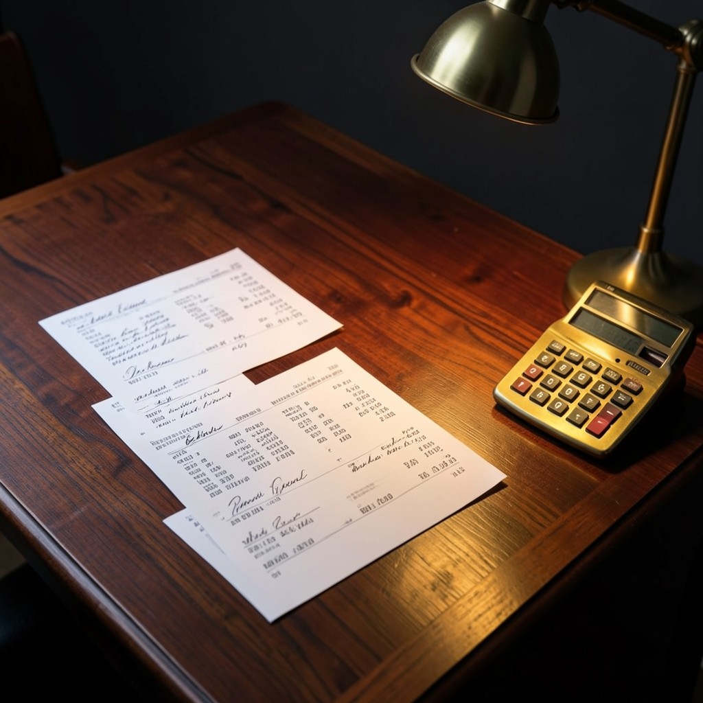 Documents salariaux et calculatrice sur un bureau avec éclairage tamisé